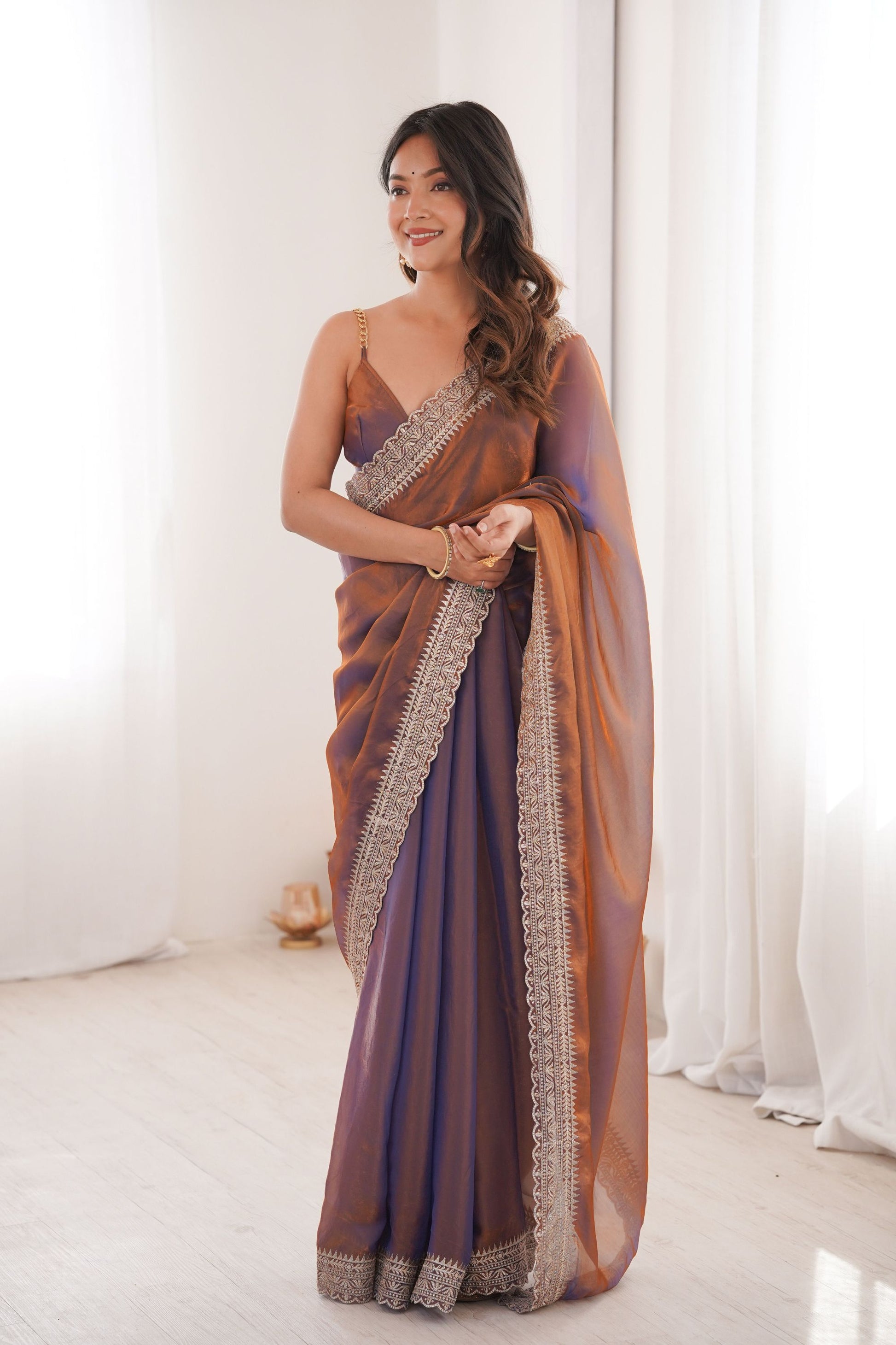  Dual Tone Purple Copper Organza Saree Designer Embroidered Border