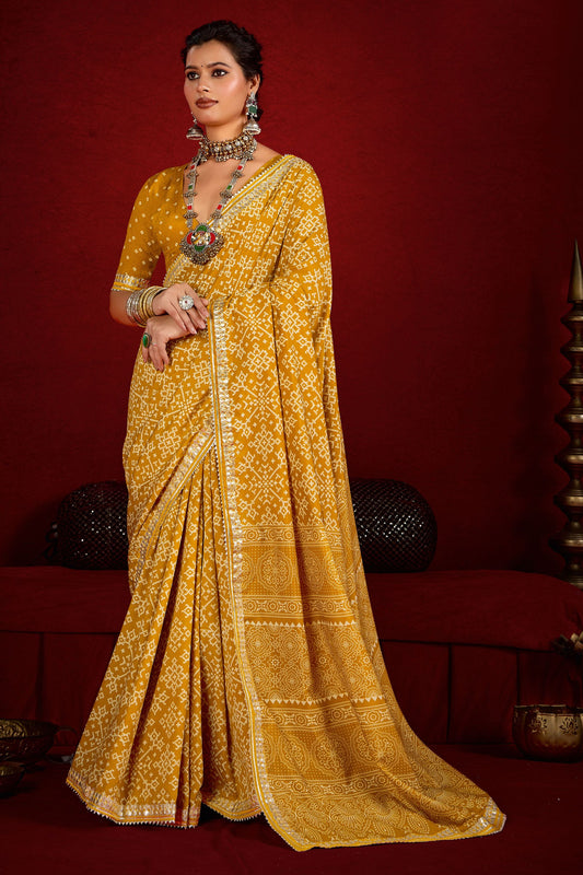 Designer Yellow Bandhani Print Saree with Traditional Border Festive Wear Saree