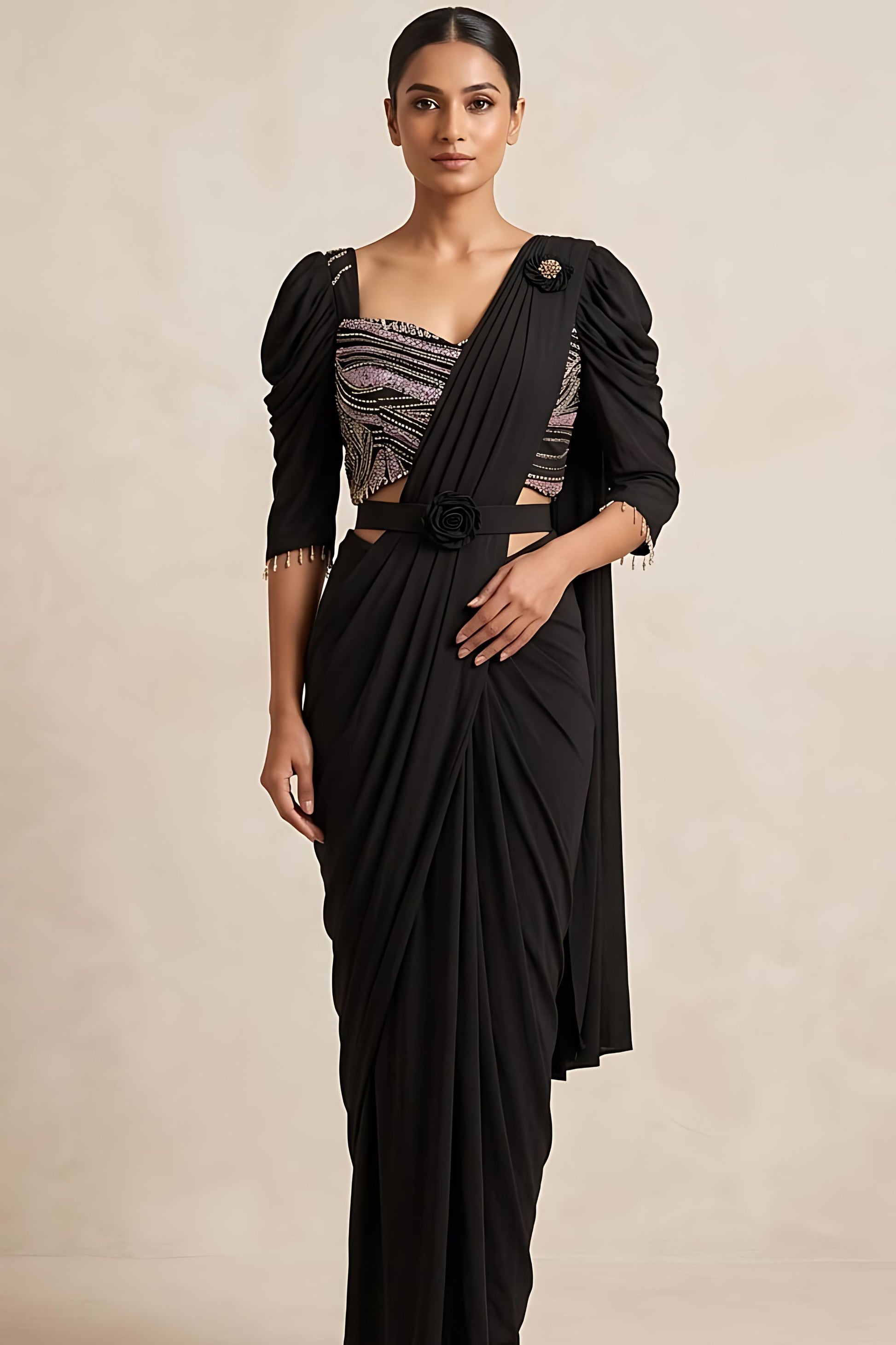 Black Designer Ready to Wear Saree with Sequins Blouse