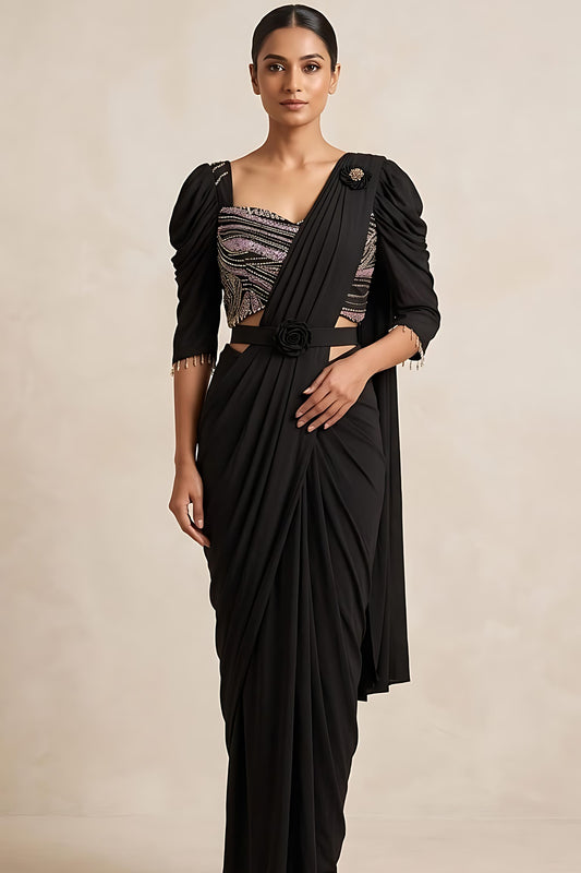 Black Designer Ready to Wear Saree with Sequins Blouse