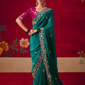 Teal Green Floral Embroidered Silk Saree with Magenta Blouse 