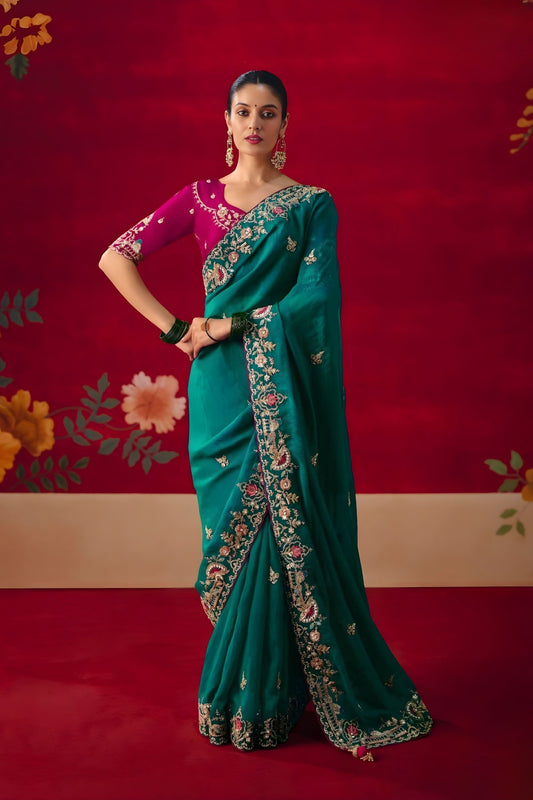 Teal Green Floral Embroidered Silk Saree with Magenta Blouse 