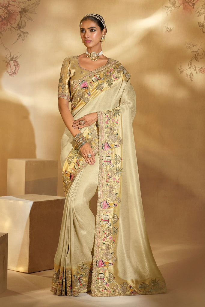 Beige Silk Saree with Multicolor Designer Blouse