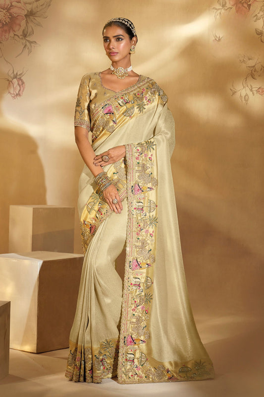 Beige Silk Saree with Multicolor Designer Blouse