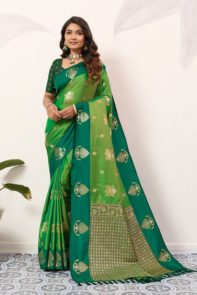  Green Banarasi Silk Saree Antique Gold Zari Motifs Rich Woven Pallu 
