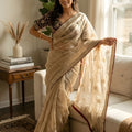  Beige Tissue Silk Saree with Delicate Embroidery and Designer Border