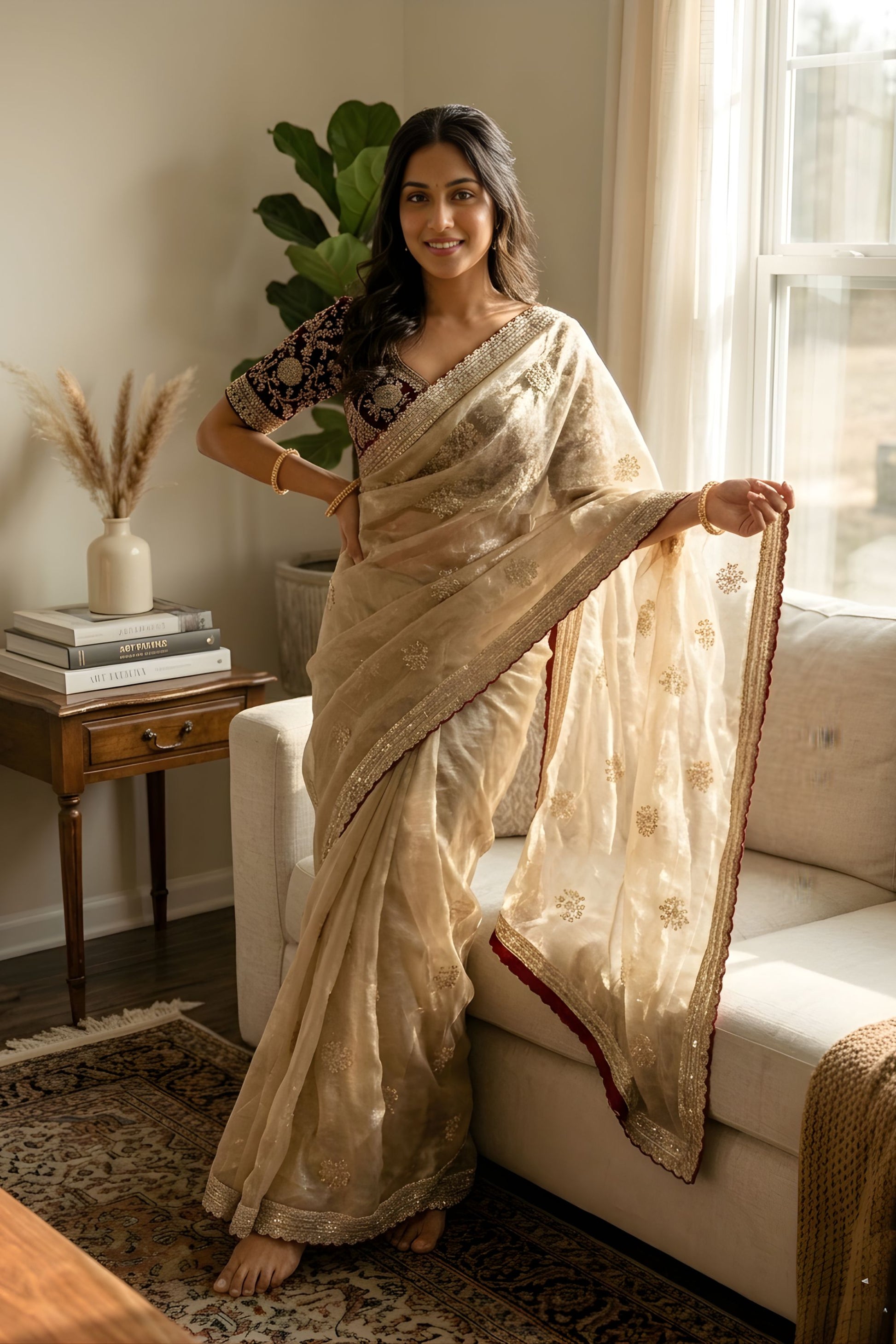  Beige Tissue Silk Saree with Delicate Embroidery and Designer Border