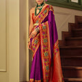 Royal Purple Banarasi Silk Saree Floral Woven Border Rich Red Zari Pallu