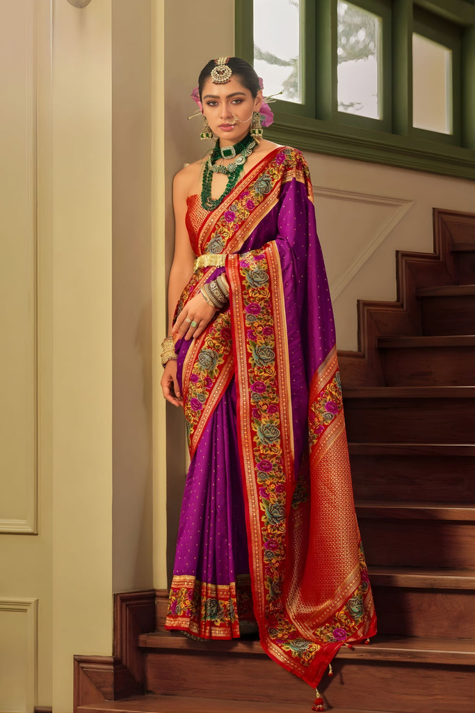 Royal Purple Banarasi Silk Saree Floral Woven Border Rich Red Zari Pallu