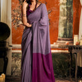 Grey and Wine Dual Tone Silk Saree with Minimal Border Designer Blouse