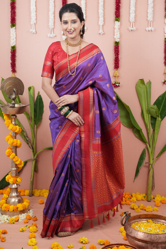 Purple Silk Saree with Red Woven Border and Traditional Design
