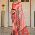 Peach Printed Linen Silk Saree with Traditional Border