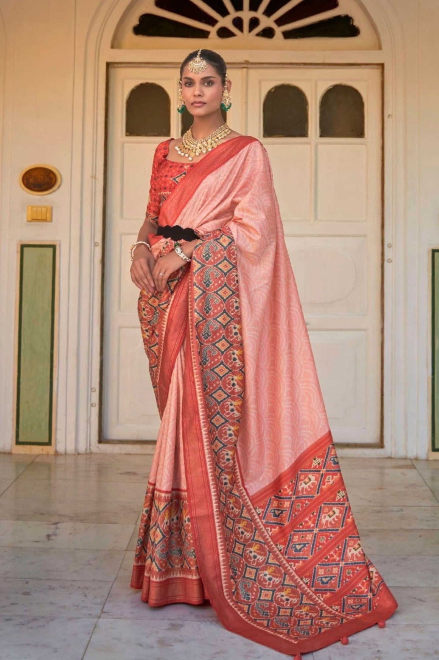 Peach Printed Linen Silk Saree with Traditional Border