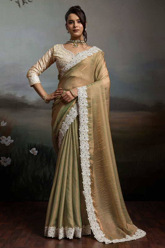 Gold and Pastel Green Silk Saree with White Lace Border