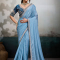 Light Blue Soft Silk Saree with Designer Embroidered Blouse Zari Border 