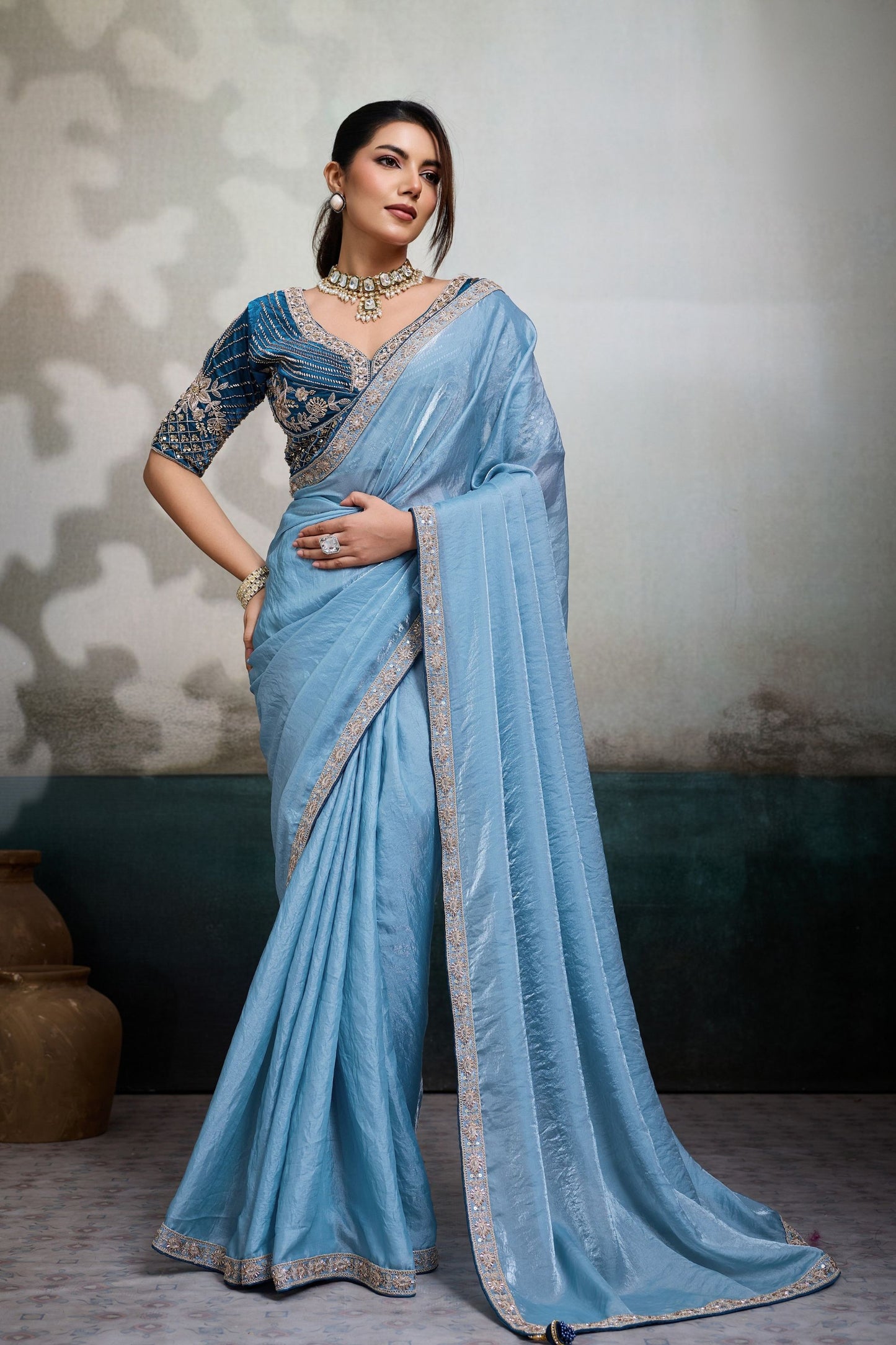 Light Blue Soft Silk Saree with Designer Embroidered Blouse Zari Border 