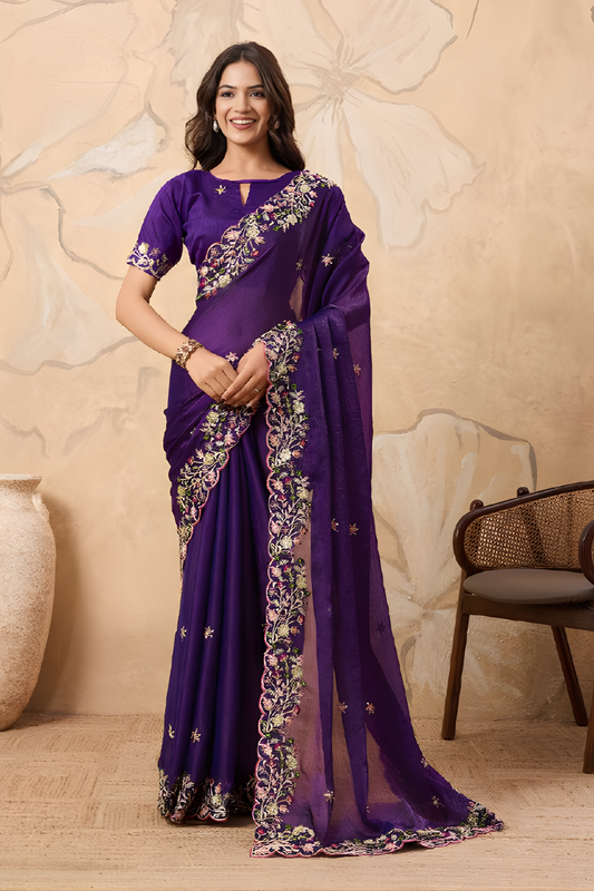 Designer Purple Embroidered Georgette Saree with Matching Blouse
