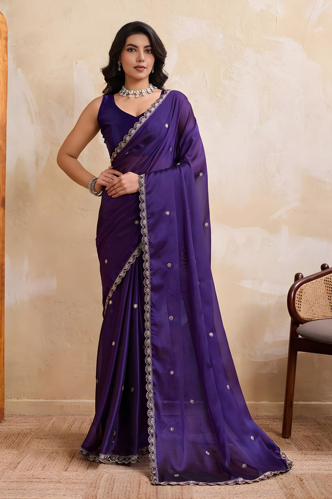 Royal Purple Georgette Saree with Silver Zari Border Butti Work