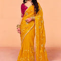Designer Mustard Yellow Embroidered Saree Sequence Work