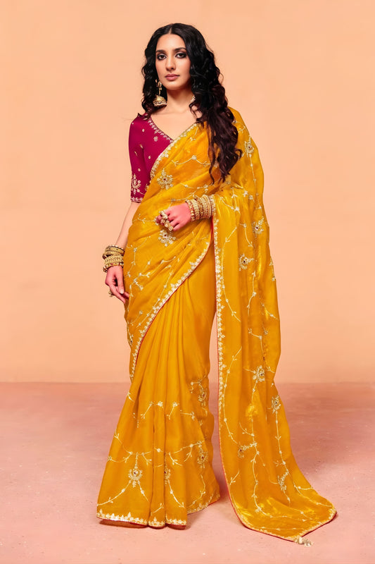 Designer Mustard Yellow Embroidered Saree Sequence Work