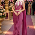 Wine Pink Designer Ready to Wear Saree with Pearl Embellished Cape Blouse