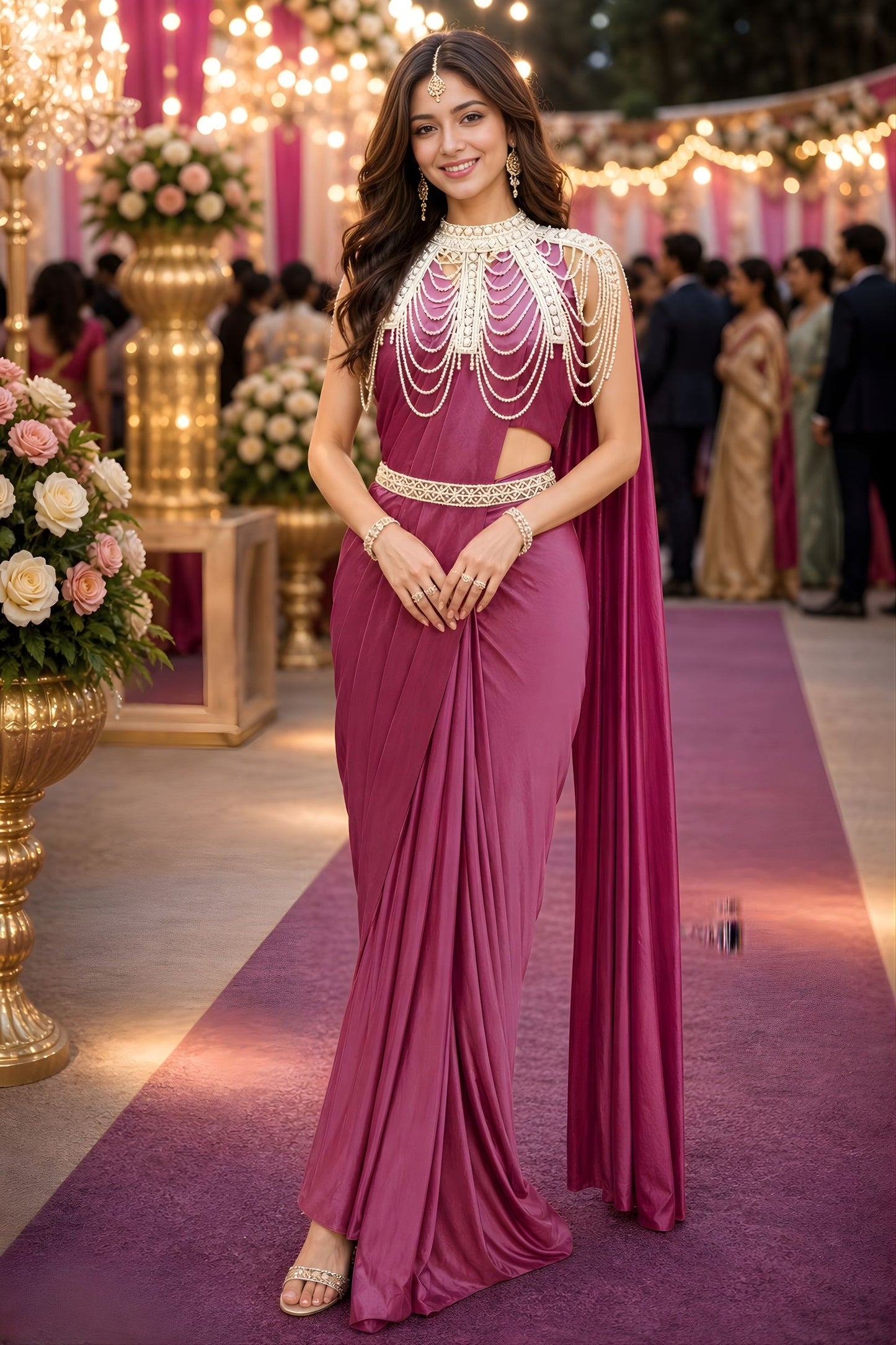 Wine Pink Designer Ready to Wear Saree with Pearl Embellished Cape Blouse