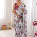 Elegant White Floral Printed Linen Saree with Designer Lace Border