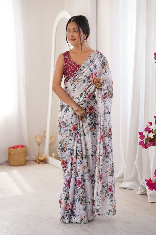 Elegant White Floral Printed Linen Saree with Designer Lace Border