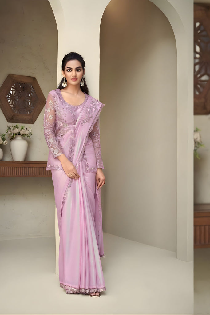  Lavender Net Embroidered Saree with Designer Blouse