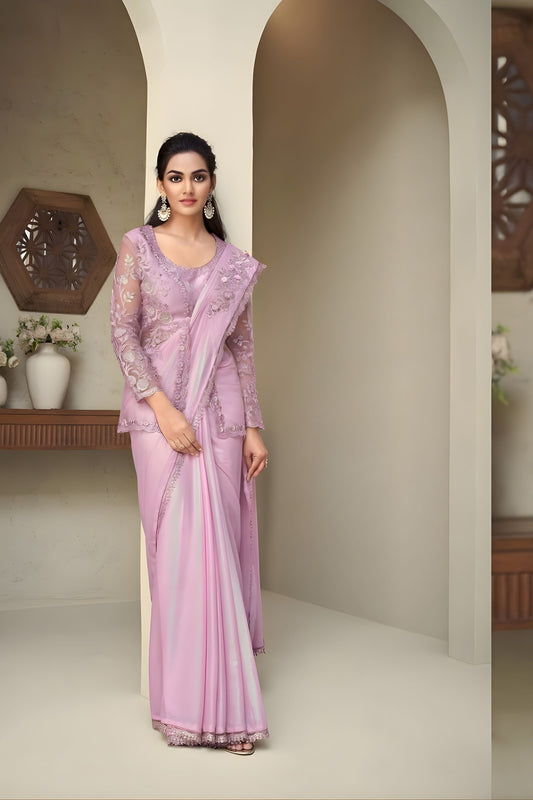  Lavender Net Embroidered Saree with Designer Blouse