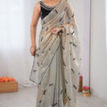 Silver Grey Tissue Silk Saree Black Embroidered Sequin Designer Blouse