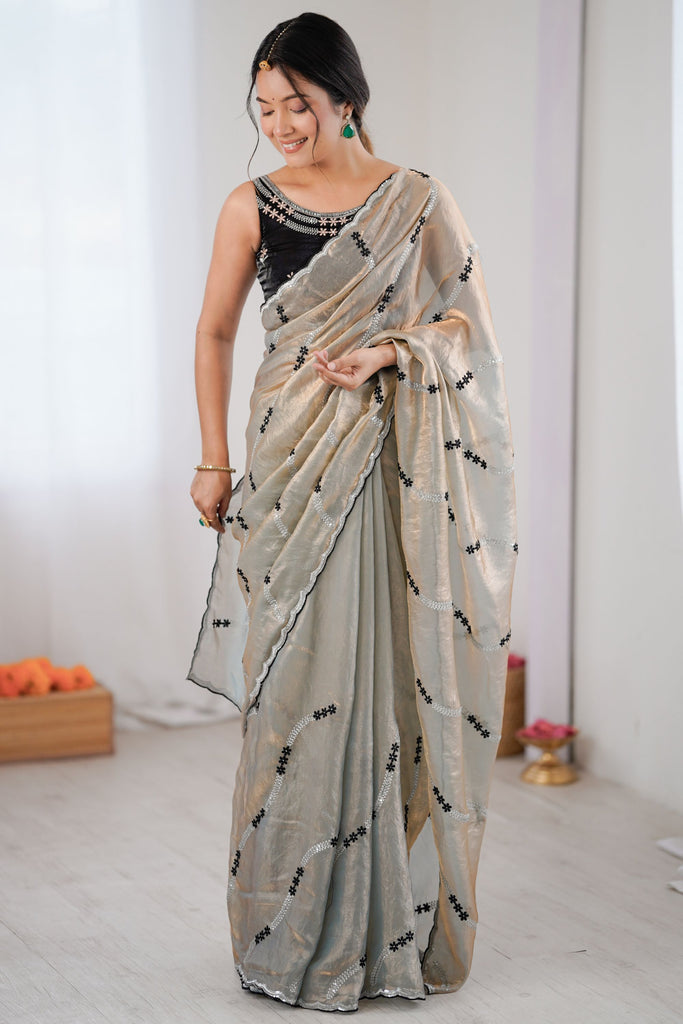 Silver Grey Tissue Silk Saree Black Embroidered Sequin Designer Blouse