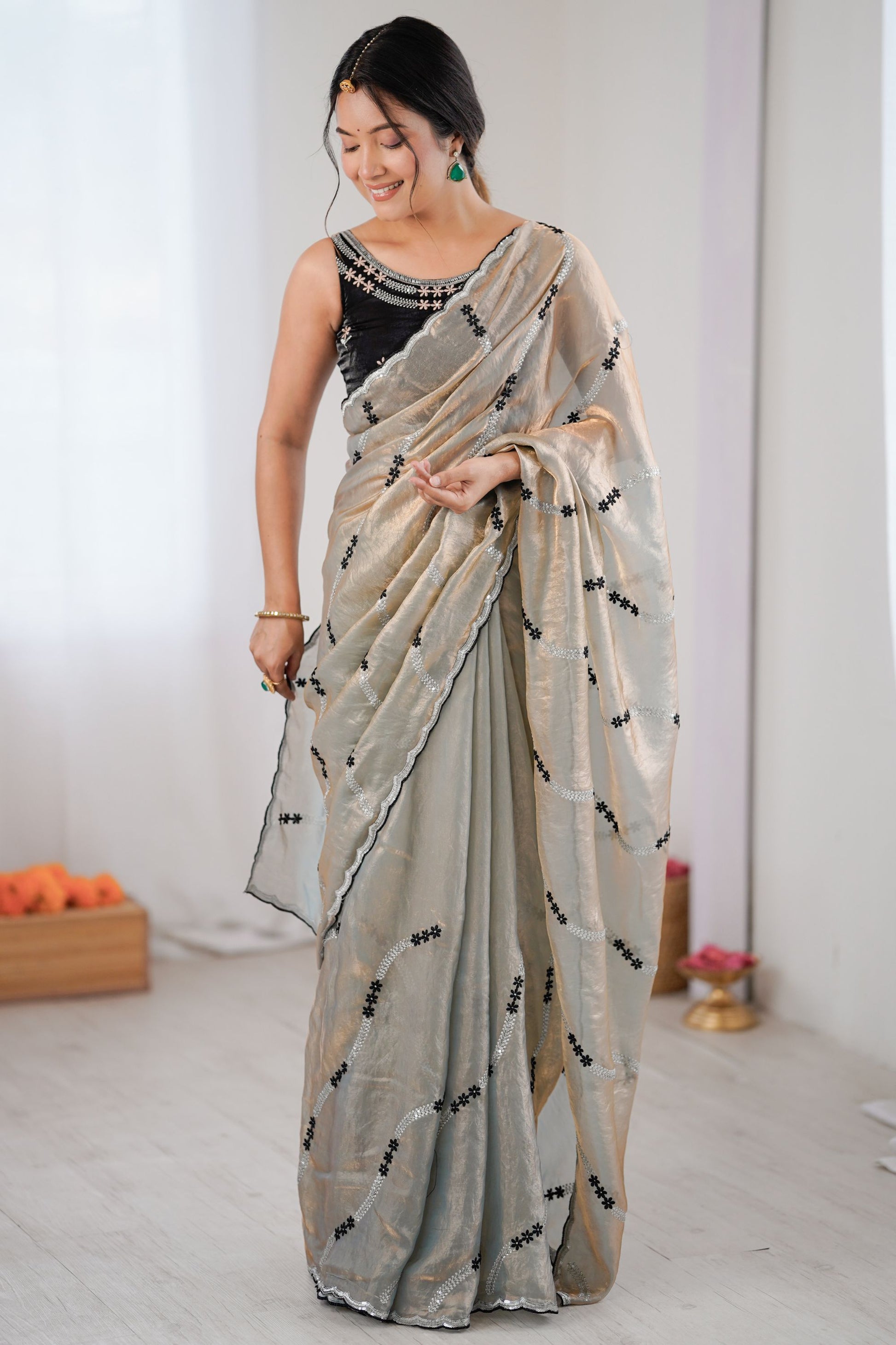 Silver Grey Tissue Silk Saree Black Embroidered Sequin Designer Blouse