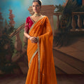  Orange Designer Saree with Zari Embroidery Contrast Red Blouse