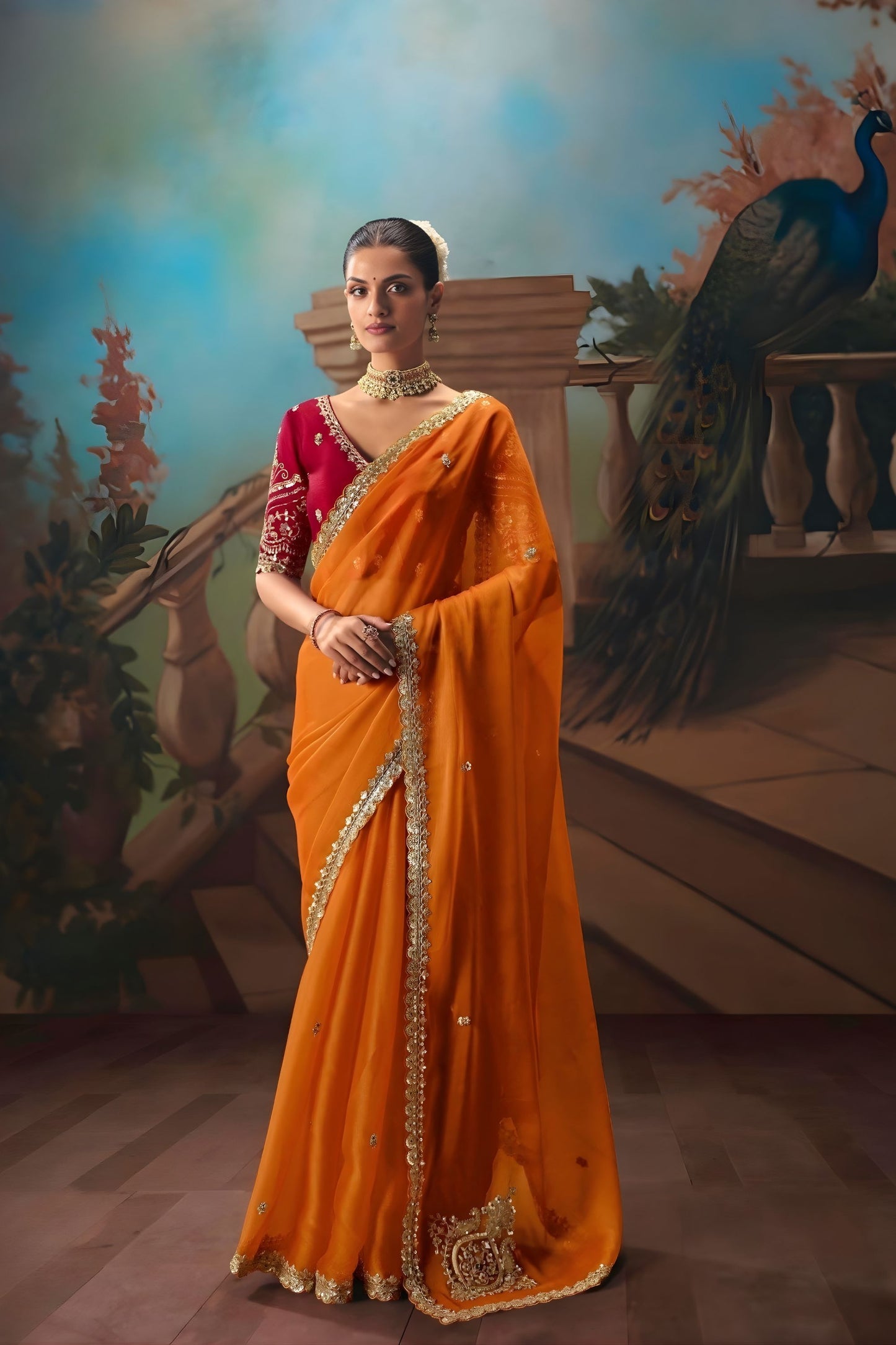  Orange Designer Saree with Zari Embroidery Contrast Red Blouse