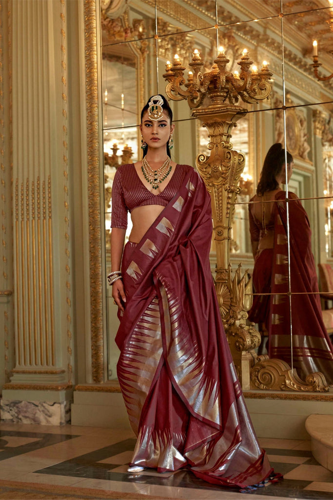 Maroon Designer Silk Saree with Metallic Zari Border Pallu