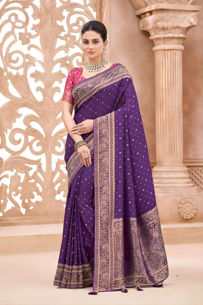 Purple Banarasi Silk Saree with Gold Zari Border Rich Pallu 