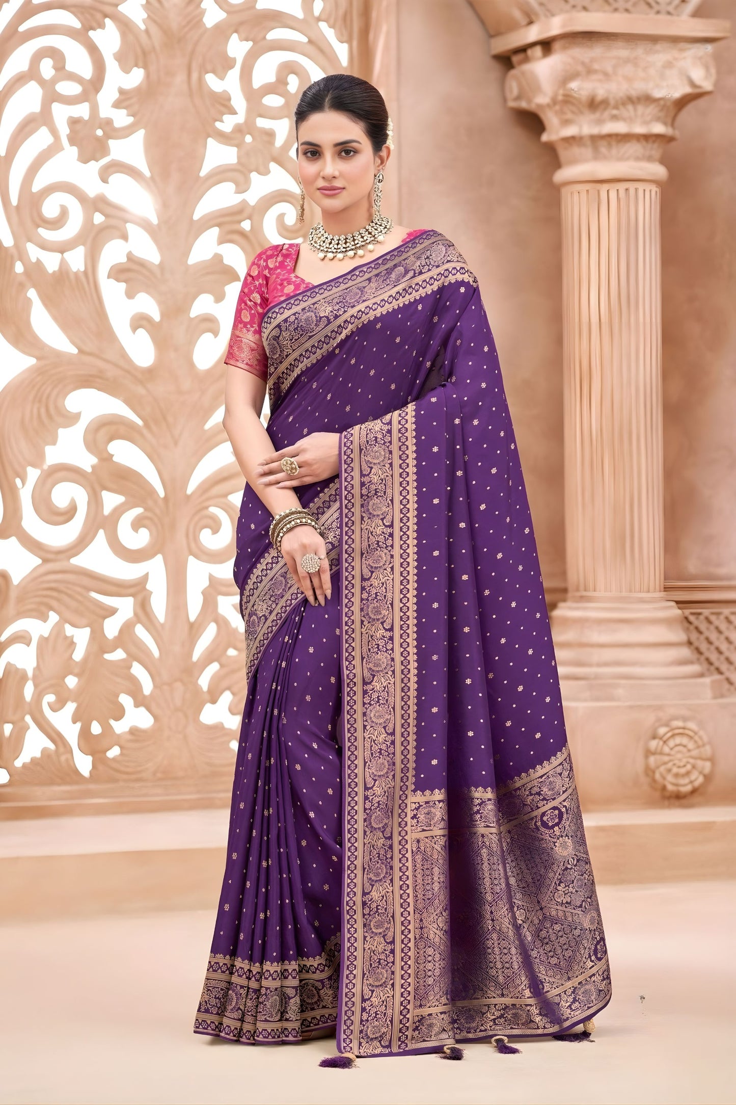 Purple Banarasi Silk Saree with Gold Zari Border Rich Pallu 