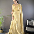 Golden Beige Linen Silk Saree with Woven Zari Border Tassel Pallu