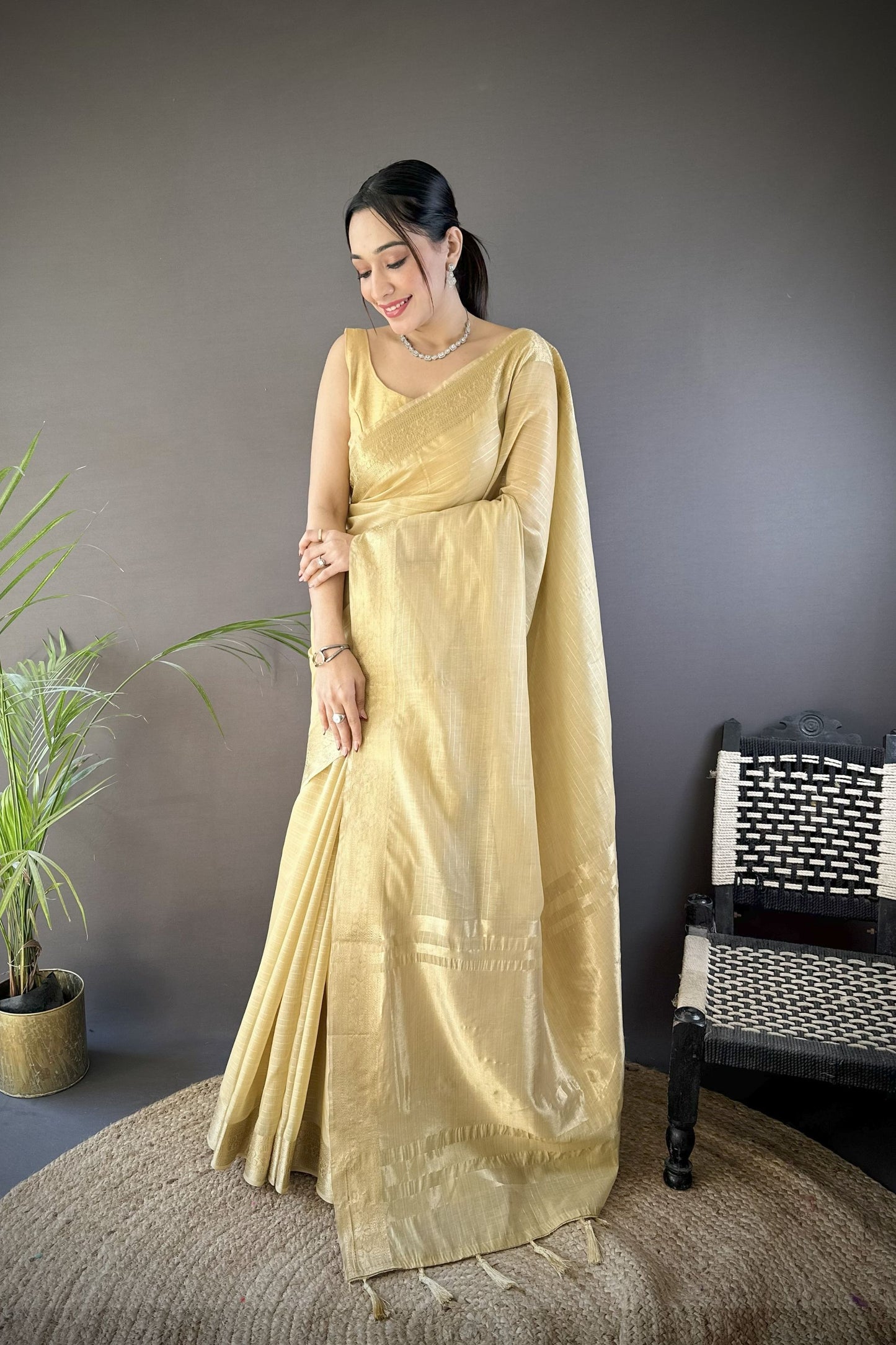 Golden Beige Linen Silk Saree with Woven Zari Border Tassel Pallu