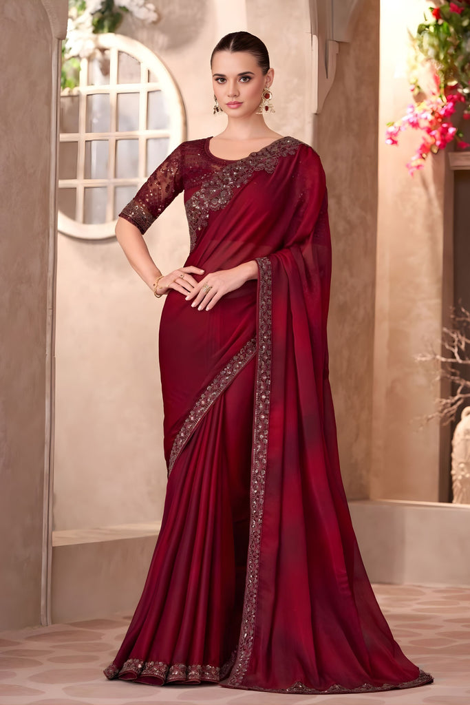 Wine Red Georgette Saree with Embroidered Border Designer Blouse 