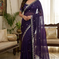 Royal Purple Embroidered Georgette Saree with Silver Lace Border 