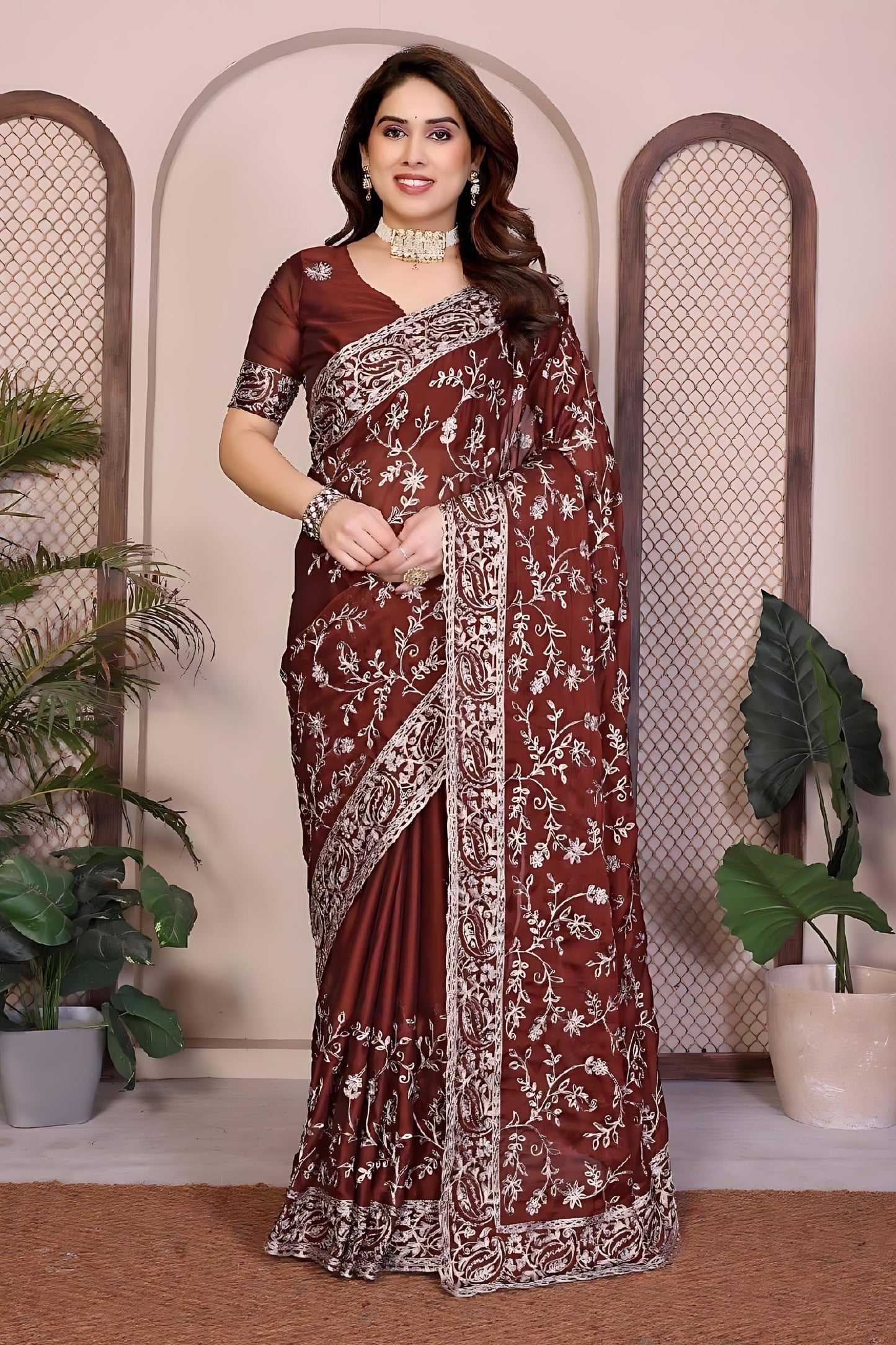 Wine Brown Designer Embroidered Saree Heavy Sequins Work