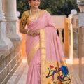 Pink Cotton Silk Saree Golden Border Peacock Floral Designer Pallu