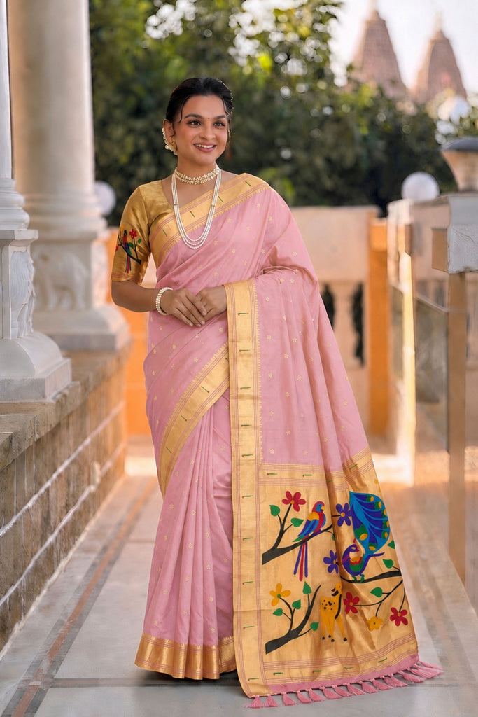 Pink Cotton Silk Saree Golden Border Peacock Floral Designer Pallu