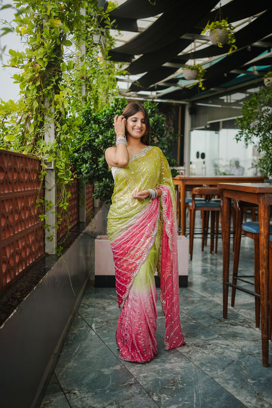 Lime Green Pink Ombre Sequins Saree with Designer Blouse Party Wear