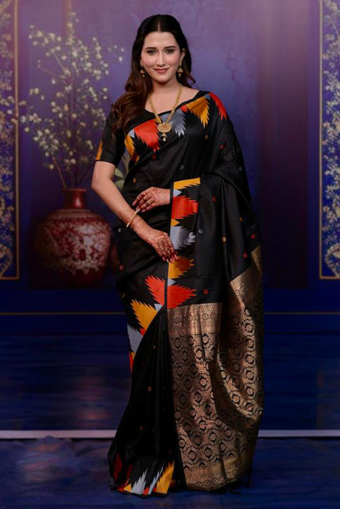 Elegant Black Printed Soft Silk Saree with Rich Zari Border