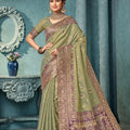 Olive Green Banarasi Silk Saree with Rich Zari Contrast Purple Border