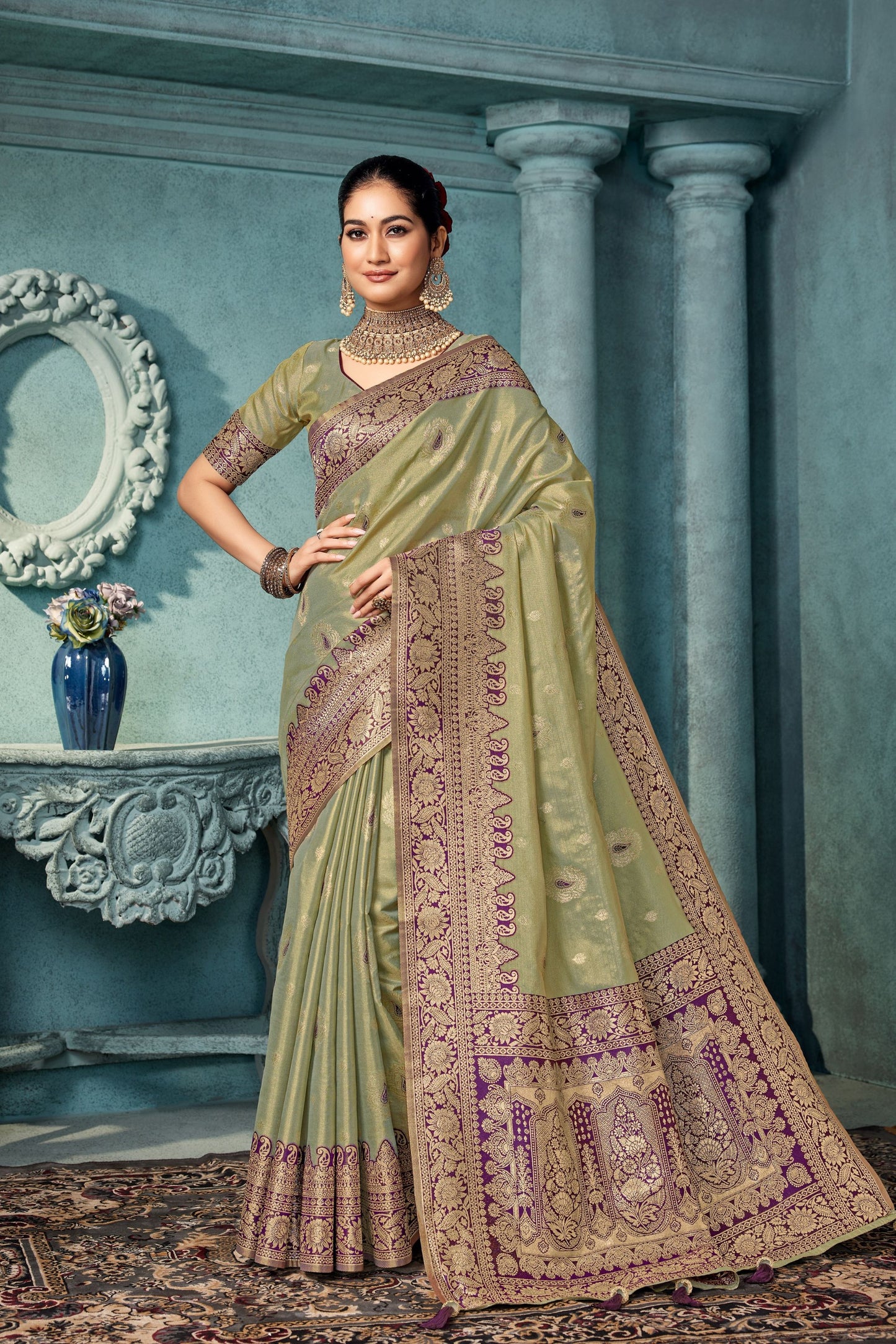 Olive Green Banarasi Silk Saree with Rich Zari Contrast Purple Border