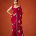 Wine Red Embroidered Georgette Saree Floral Motifs Designer Border